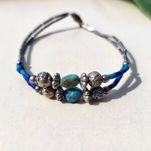 Vintage Sterling Silver Turquoise Bracelet Blue Liquid Beaded Boho